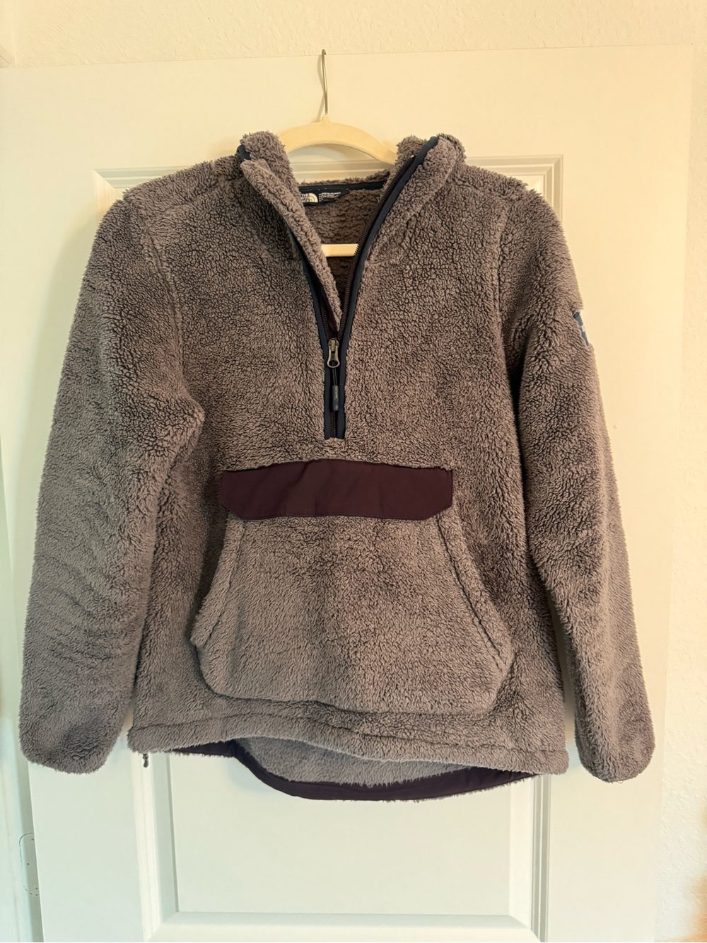 The North Face Women’s Navy Blue Sherpa Half-Zip Pullover with Plum Trim